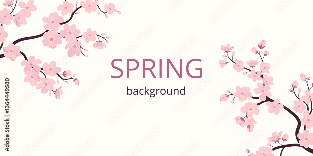 Spring backdrop with two cherry blossom branches and space for text. Flat drawing style with noise texture brush. Bold choice for banners, ads, cover, invitation.