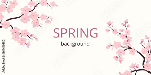 Spring backdrop with two cherry blossom branches and space for text. Flat drawing style with noise texture brush. Bold choice for banners, ads, cover, invitation.