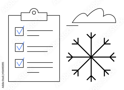 Clipboard with checklist, checkmarks, snowflake, and cloud symbolizing planning, organization, weather readiness. Ideal for productivity, priorities, winter preparation efficiency goals seasonal
