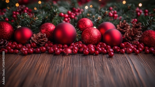 Festive Christmas decorations, red ornaments, pine cones, berries, garland on a wooden table.