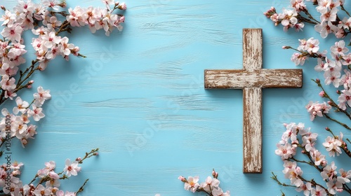 Wooden cross on a light blue background surrounded by pink cherry blossoms.