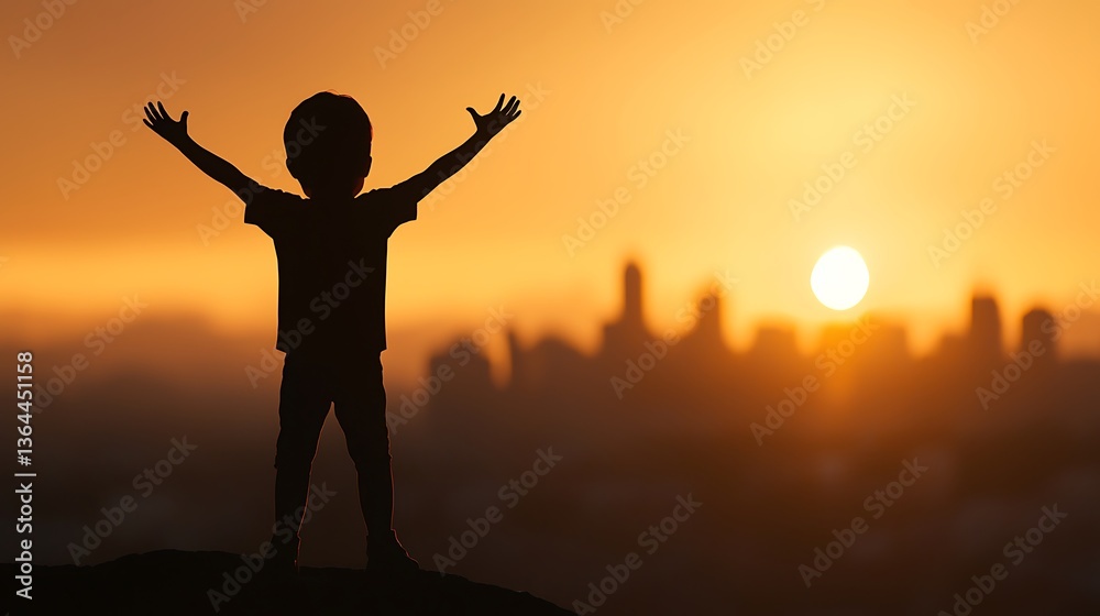 Fototapeta premium Child silhouette, sunset, city view