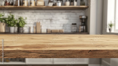 Empty wooden kitchen countertop in front of a modern kitchen.