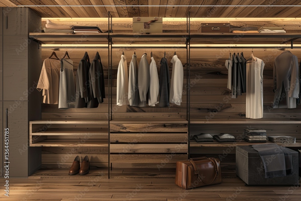 Modern Wooden Wardrobe with Clothes Hanging on Rail in Walk in Closet Design Interior 3D Render Modern Wooden Wardrobe with Clothes Hanging on Rail in Walk in Closet Design Interior 3D Render