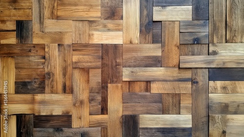 Wooden wall paneling,  interlocking planks in various shades of brown.