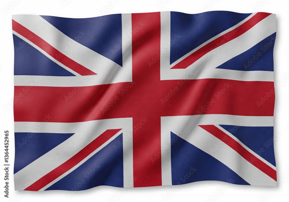 Fototapeta premium A waving Union Jack flag of the United Kingdom, featuring red, white, and blue colors. The iconic British flag represents the UK, patriotism, heritage, and national pride in a textured fabric design. 