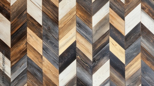 Close-up view of a herringbone wooden plank flooring pattern with various shades of brown, gray, and white.