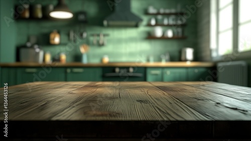 Wooden table in front of a teal kitchen interior. Blurry background of cabinets, appliances, and window.