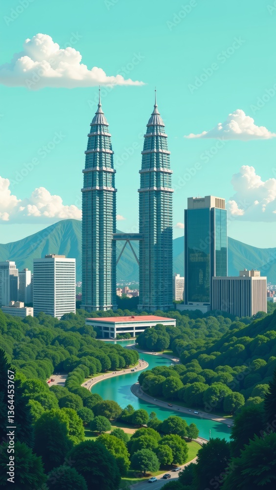 Obraz premium Cityscape & Forests in Malaysia Kuala Lumpur showcases vibrant skyline with lush greenery. Concept of urban harmony in Cityscape & Forests in Malaysia Kuala Lumpur landscape.