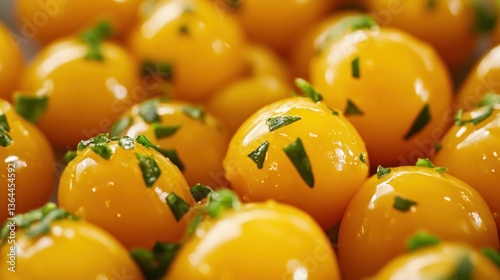 Close-up of small, golden-yellow, preserved tomatoes, garnished with fresh herbs.