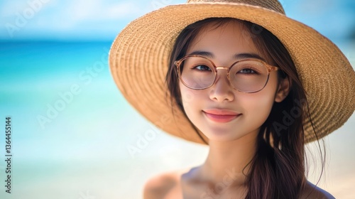 Young woman wearing a straw hat and glasses at the beach, smiling cheerfully.