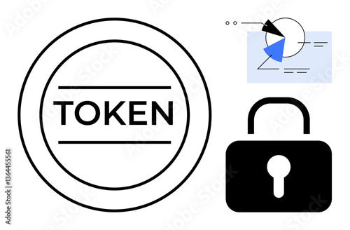 Circular token, locked padlock, and analytics chart showcasing ideals of security, encryption, digital finance, blockchain, data protection, and cybersecurity. Ideal for digital concepts technology