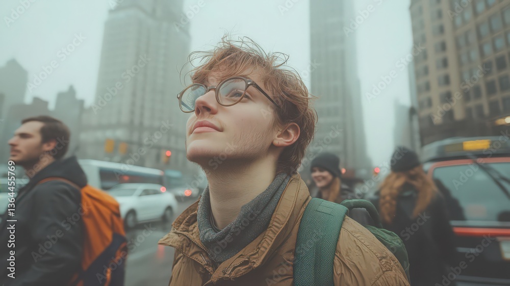 Young Man in Rain on City Street