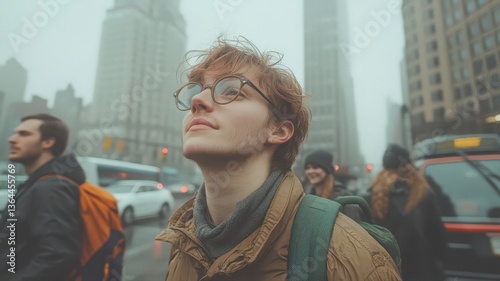 Young Man in Rain on City Street