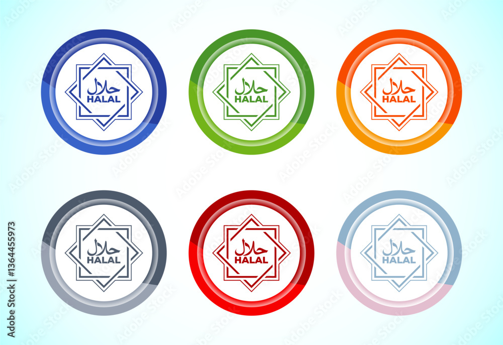 Fototapeta premium Halal icon design illustration, Halal Certificate tag, Islamic approved sign, 6 color button design set