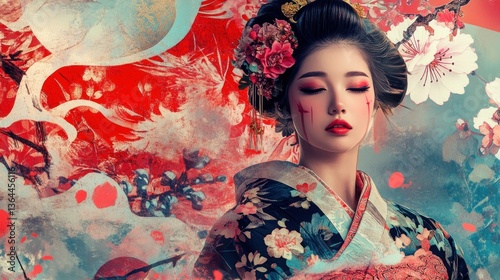 Asian woman in traditional kimono, artistic portrait with cherry blossoms and red background.