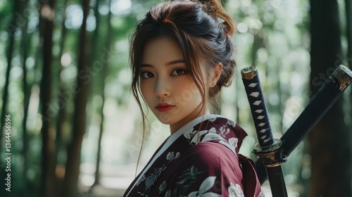 Young woman in traditional Japanese attire, holding katana swords, in a forest.