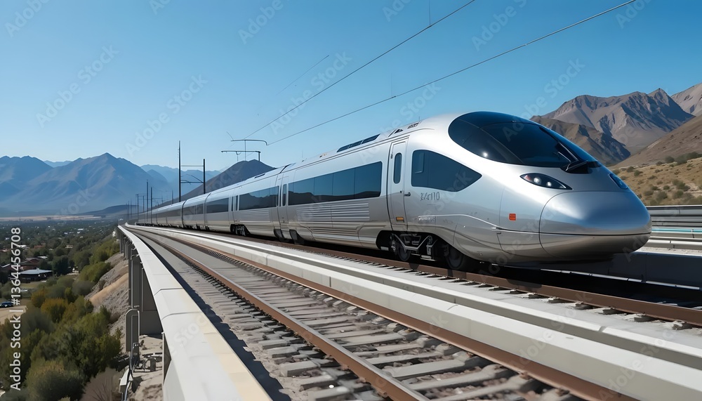 Fototapeta premium Modern Streamlined Train Passing Through Scenic Landscape. Dynamic High Speed Train with Mountain View and Clear Sky