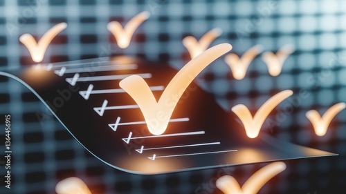 Procurement management consulting concept. Checkmarks over a checklist symbolize task completion and success in a digital environment.