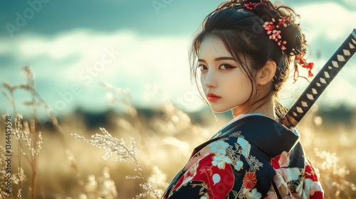 Asian woman in traditional kimono with sword, serene and focused, in a golden field.