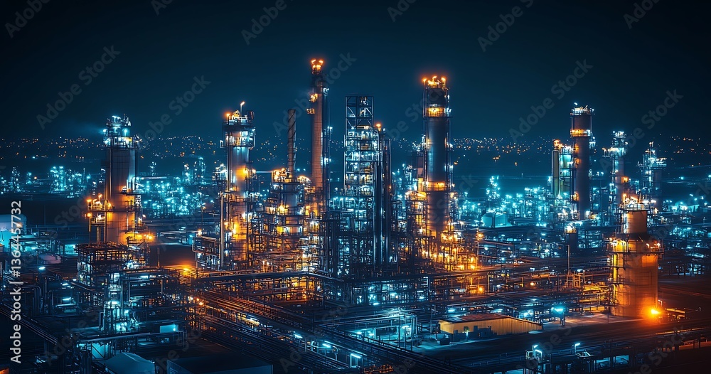 Fototapeta premium Industrial complex illuminated by various lights in the evening sky