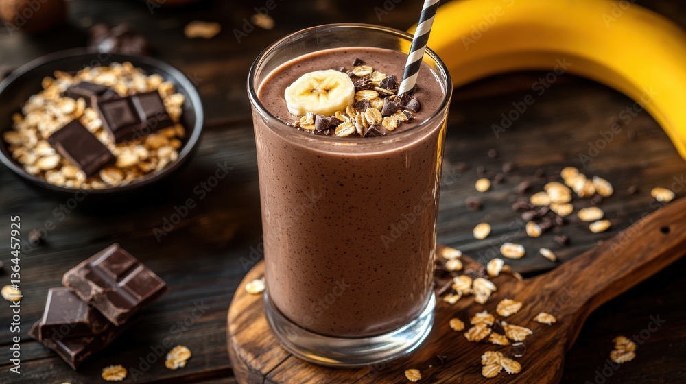 Glass of chocolate banana smoothie with oats on dark wooden background. Use for illustrating healthy breakfast or dessert recipes, nutrition and diet. Glass of chocolate banana smoothie with oats on dark wooden background. Use for illustrating healthy breakfast or dessert recipes, nutrition and diet.