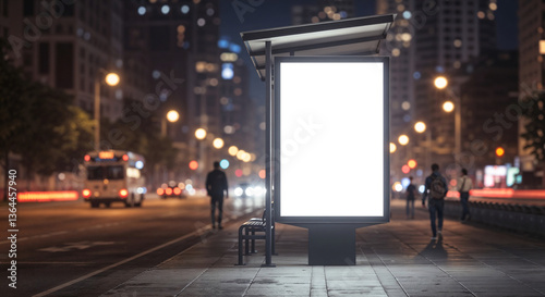 Blank white vertical digital billboard poster on city street bus stop sign at night, blurred urban background with skyscraper, people, mockup for advertisement, marketing . Generative AI
