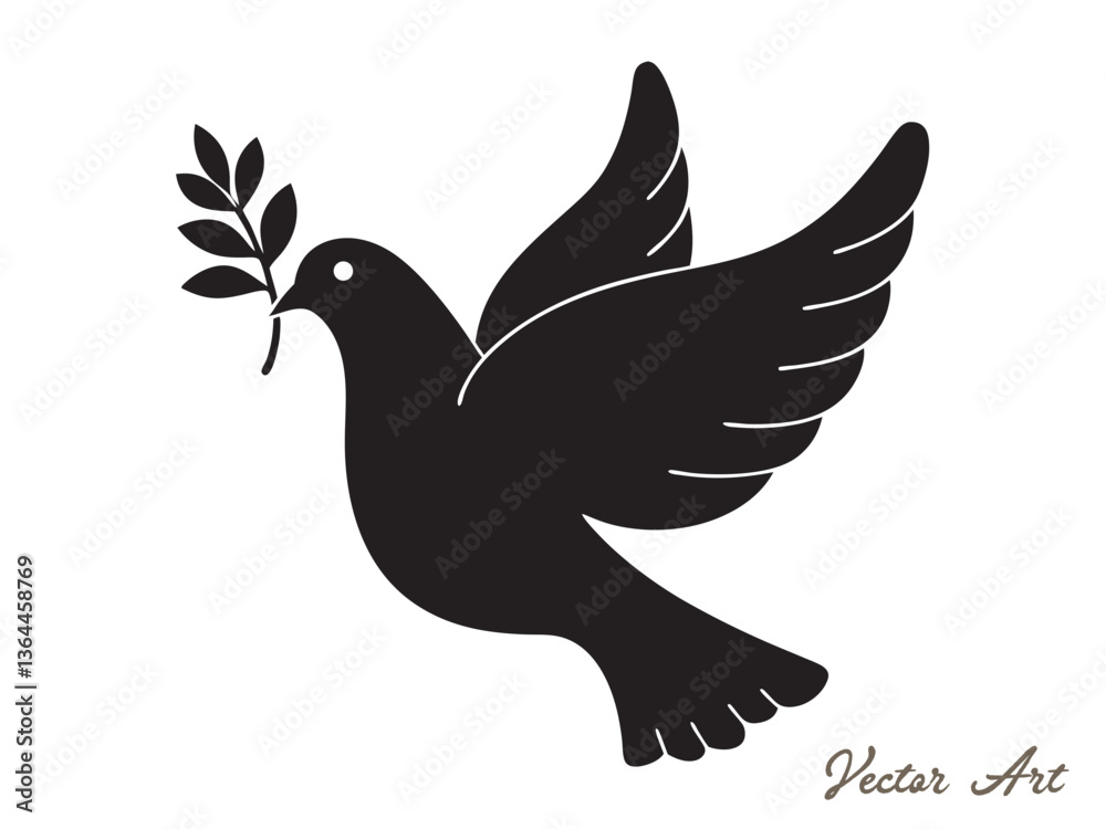 Obraz premium Dove of peace with an olive branch vector icon silhouette on a white background