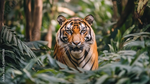 Tiger in a lush jungle environment, facing forward, with a serious expression.