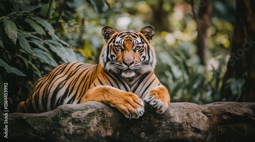 Majestic tiger resting on a rock in a lush jungle.