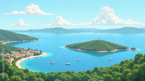 Croatian Adriatic Island Shores, stunning view with clear blue waters and lush trees. Concept of Croatian Adriatic Island Shores, landscape, showcasing serene beauty and tranquility.