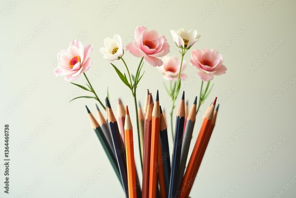 Pencils flowers art composition in soft pastel tones