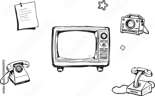 A set of retro technology, televisions, telephones. Hand drawn vector illustration
