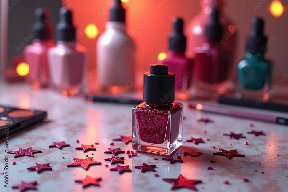 Nail polish bottle with pink red stars on marble surface