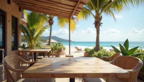 Relaxing tropical beach resort with a table and chairs by the ocean  surrounded by palm trees  sand  and clear water  perfect for vacation or dining by the sea.