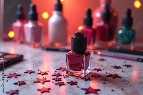 Obraz na płótnie Nail polish bottle with pink red stars on marble surface w salonie