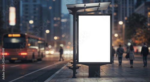 Blank white vertical digital billboard poster on city street bus stop sign at night, blurred urban background with skyscraper, people, mockup for advertisement, marketing . Generative AI