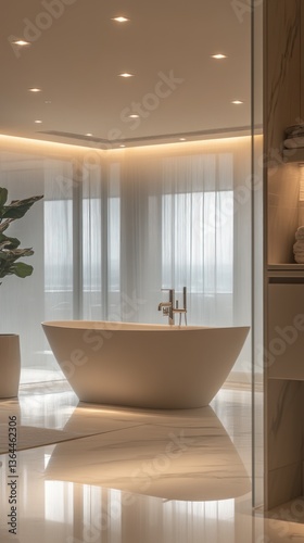 Modern bathtub in luxury bathroom, city view