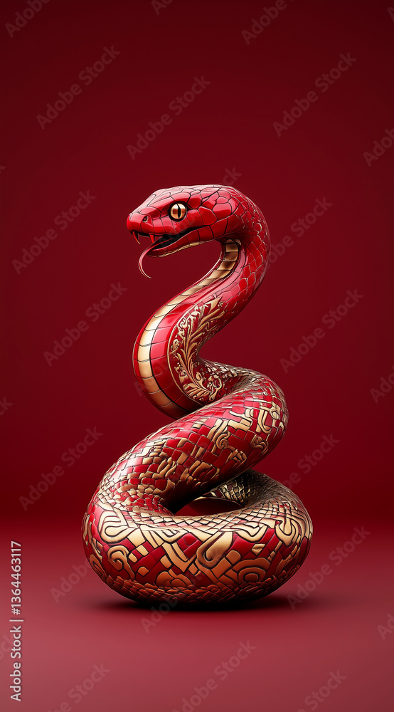 Fototapeta premium A serpentine sculpture in decorative red and gold tones coils sinuously against a matching red backdrop, conveying an exotic and luxurious style.