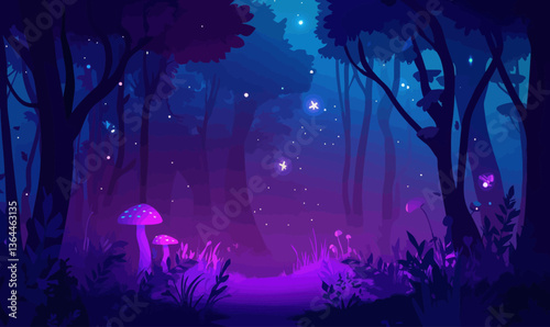 Magical Nighttime Forest Vector with Glowing Mushrooms and Fireflies
