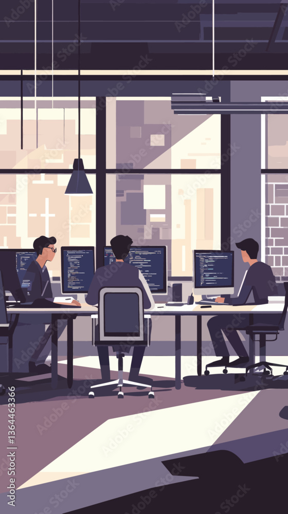 Team of Software Developers Coding in Open-plan Office, Minimalist Vector Illustration Team of Software Developers Coding in Open-plan Office, Minimalist Vector Illustration