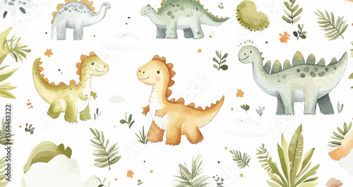 Charming Watercolor Baby Dinosaur Seamless Pattern for Kids in Minimalist Style