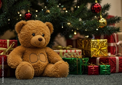 温かい光に包まれた、クリスマスツリー下のかわいいぬいぐるみくま
