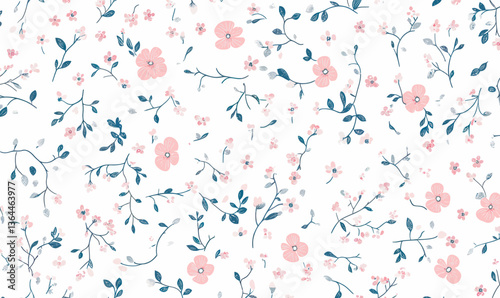 Charming Pink Ditsy Floral Pattern on White Background for Spring and Summer Designs