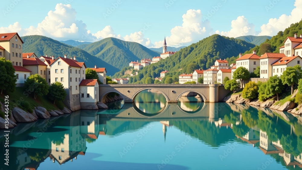Fototapeta premium Douro Reflections in Portugal Porto showcase stunning view of bridge over calm waters, lush hills. Concept of Douro Reflections in Portugal Porto evokes tranquil landscape beauty.