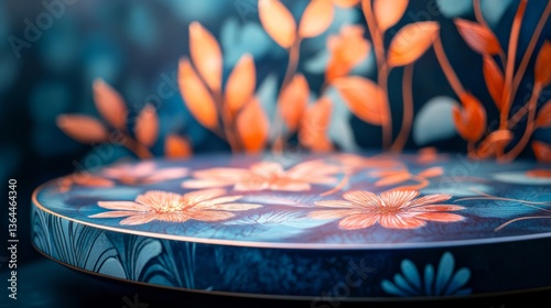 Artistic ceramic podium stage in close-up, hand-painted designs glowing under soft lights