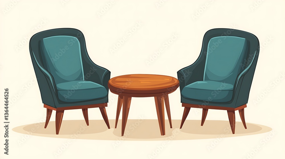 Obraz premium Teal armchairs with round table, and cafe.