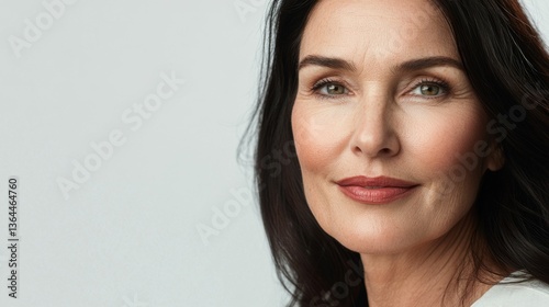 portrait of beautiful caucasian woman 45-50 years old with dark long hair and well-groomed skin, white studio background, copyspace