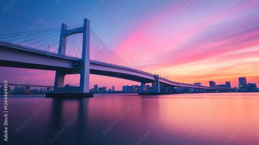 Naklejka premium Spectacular long white bridge over Bay at sunset with colorful sky