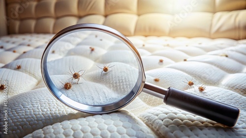 Hidden Dangers: Magnifying Glass Reveals Mattress Threats Stock Photo